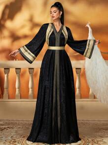 AmazingHoney 优雅的黑色和金色刺绣 Jalabiya 配腰带，迪拜风格长袍，女士奢华长袍，长袍，长袍，阿拉伯女士连衣裙（超大尺码 - 请查看尺码表），适度 - 黑色 - 查看 3