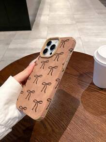 1 pieza Funda de teléfono vintage minimalista caqui con lazo compatible con la serie Apple iPhone 16/15/14/13/12/11 para otoño/invierno