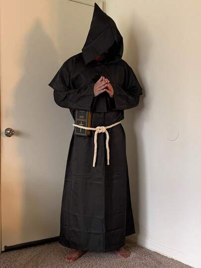 中世纪男士僧侣连帽长袍，文艺复兴时期牧师斗篷，配有抽绳腰带、项链、女巫斗篷，万圣节角色扮演服装配饰