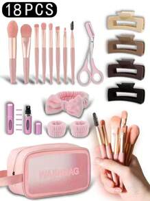 18件套化妆刷套装，包括：2支化妆刷、1个化妆包、1个发带、2个腕带、4个发夹、1瓶香水、1个眉毛修剪器、面部化妆工具、混合化妆美容工具、柔软刷毛、高级合成化妆刷、粉底刷、眼影刷、眉刷、唇刷等，快速上妆，是初学者和专业化妆师的理想礼物，也是理想的化妆礼品，价格实惠，适合梳妆台、卧室、化妆配件、圣诞礼物、化妆品、化妆工具、便宜好物、礼物、圣诞礼物 - 彩色 - 查看 11