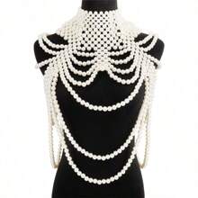1pc Luxury Vintage Multi-Layer Handmade Beaded Faux Pearl Body Chain, Retro Sexy Style, Fashionable Accessory - White - View 13