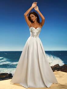 女士优雅水钻装饰露肩正式晚礼服、派对礼服、婚礼宾客礼服、长袍 - 銀色 - 查看 4