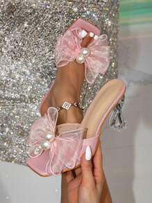 Women's Minimalist Elegant Flower Decor Strap Mule Heels, Asymmetric Chunky High Heeled Sandals, Sexy Fashion Stilettos For Summer Night Party - Pink - View 1