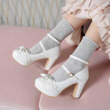 2025 Spring/Autumn New Sweet Bow High Heels Thick Heel Women's Shoes Lace Fairy Style Single Shoes Pink Waterproof Platform Single Shoes Jane Women's Shoes Lolita Single Shoes - 白色 - 查看 10