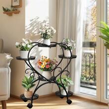 UNHO Vertical Plant Stand: 6 Potted Heart-Shaped Metal Plant Stand On Wheels Garden Cart Flower Pots Organizer Rack For Patio, Porches, Balcony Planters - 黑色 - 查看 2