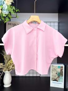 ELLIE Casual Striped Print Loose Cropped Shirt - 單色粉紅色 - 查看 1