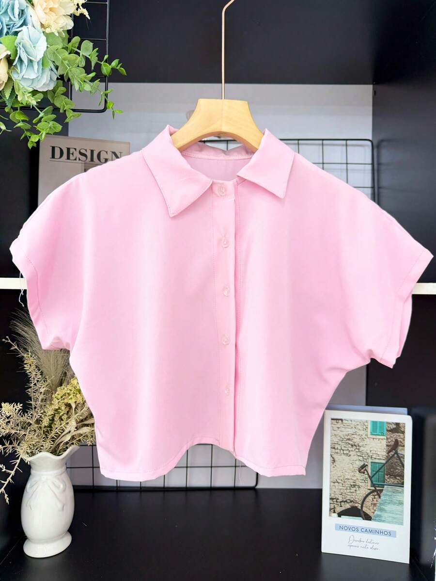 ELLIE Casual Striped Print Loose Cropped Shirt - 單色粉紅色 - 查看 1
