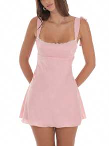 Women's 2025 Satin Backless Mini Dress - Sleeveless Lace Trim Tie-Up Straps A-Line Streetwear Party - Hồng - Xem 4