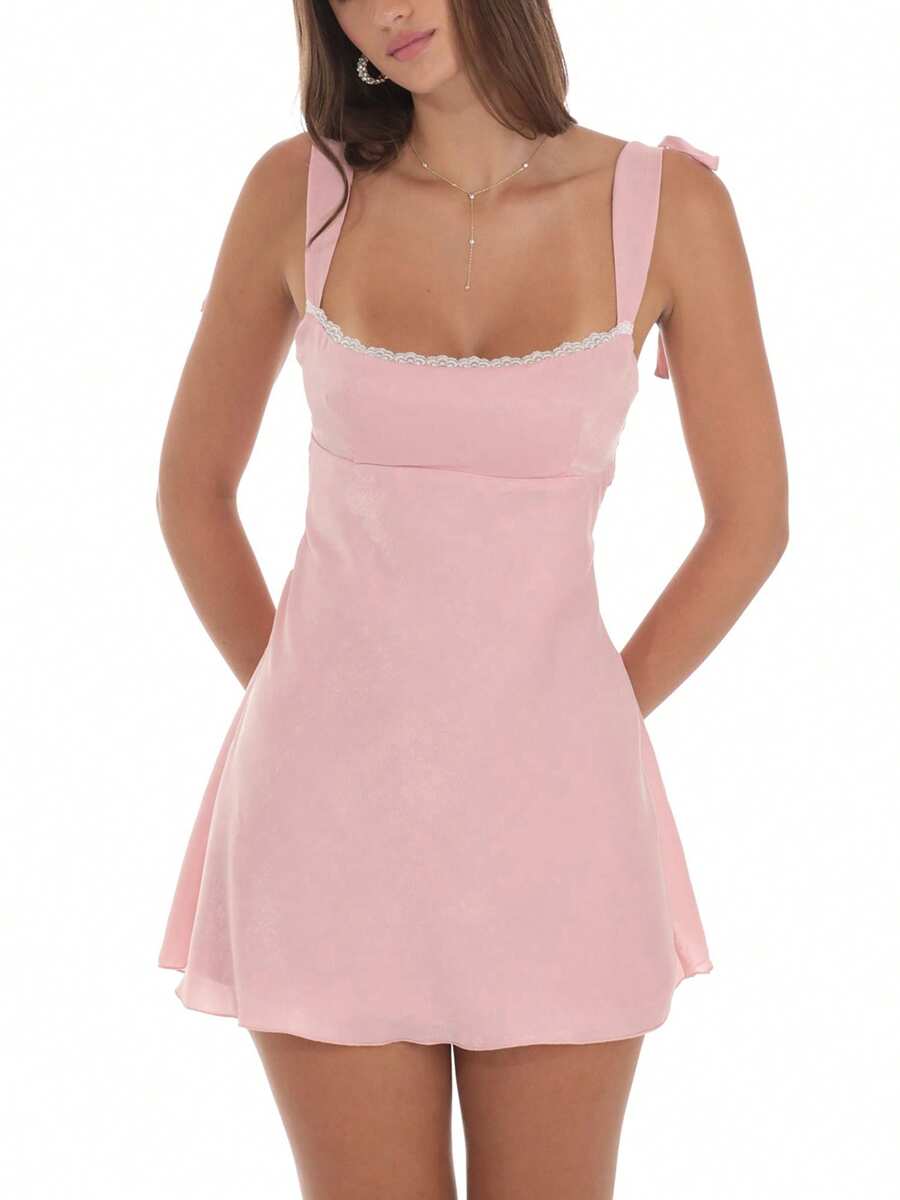 Women Sleeveless Satin Dress Summer Casual Lace Trim Tie Up Straps Backless A-Line Mini Party Dress For Streetwear - 粉色 - 查看 1
