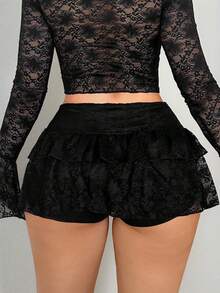 女士蕾丝荷叶边下摆收腰迷你裙，可爱蛋糕裙款式，适合派对、郊游、俱乐部 - 黑色 - 查看 3