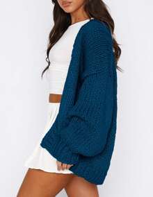 Women's Fall Open Front Cardigan Sweaters Long Sleeve Loose Fit Chunky Knit Outerwear New Years Casual Outfits - 靛藍 - 查看 4