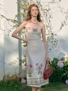 Simple Retro Ladies' Summer Contrast Color Square Neckline Placement Print Romantic Elegant Vintage Bodycon Waist Sleeveless Mid-Length Dress Spring Break