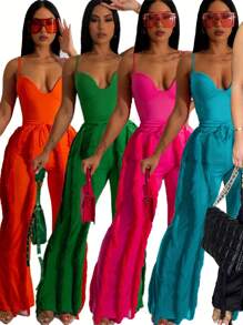 Women 2 Piece Outfits Fringe Tassel Long Pants Set Adjustable Suspenders Bodysuit Strap Clubwear Jumpsuits Solid Color Wave Pattern, V-Neck Suitable For All Seasons, Elegant Backless  Semi Transparent Camisole Straight Leg Pants For Spring And Summer - trái cam - Xem 3