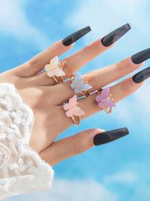4pcs/Set European & American Style Colorful Butterfly Rings, Geometric Resin Sweet Rings