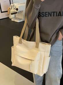 1pc Beige Nylon Casual Tote Bag, Minimalist Design Lightweight Large Capacity Women Shoulder Bag, Suitable For School And University, Multi-Pocket Canvas Handbag, Artistic Style School Bag & Bookbag For Women Or Students, Perfect For Books, Shopping, Back To School And More, Tote Bags For School,College Essentials