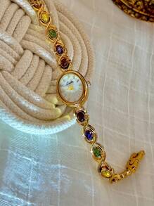 1pc Elegant & Luxurious Gemstone Ladies Watch, Fashionable, Vintage Style With Pearl Dial, Suitable For Social Gatherings, Parties, Vacations, Daily Wear, Birthday Or Holiday Gift