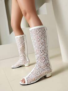 Back To School Hollow Out Mesh Chunky Mid-Heel Peep Toe Knee High Boots For Women, Zipper Closure, European Style, Autumn Season, New 2025 Matte Sandal Boots - White - View 2