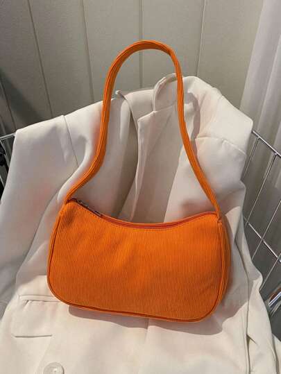 1 pieza Bolso de hombro de estilo tote de cierre con cremallera, en material de pana de unicolor