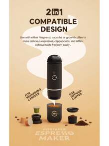 Black /Green Portable Heating Coffee Machine Wireless Electric Coffee Maker Fit Capsule Powder & French Press Pot For Car
