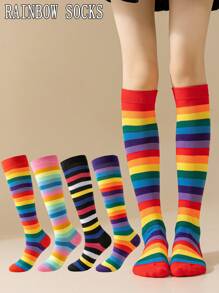 1/3 Pairs Rainbow Socks For Women, Korean Style JK Dance Cosplay Sweat-Absorbent Breathable Knee-High Socks, Y2k