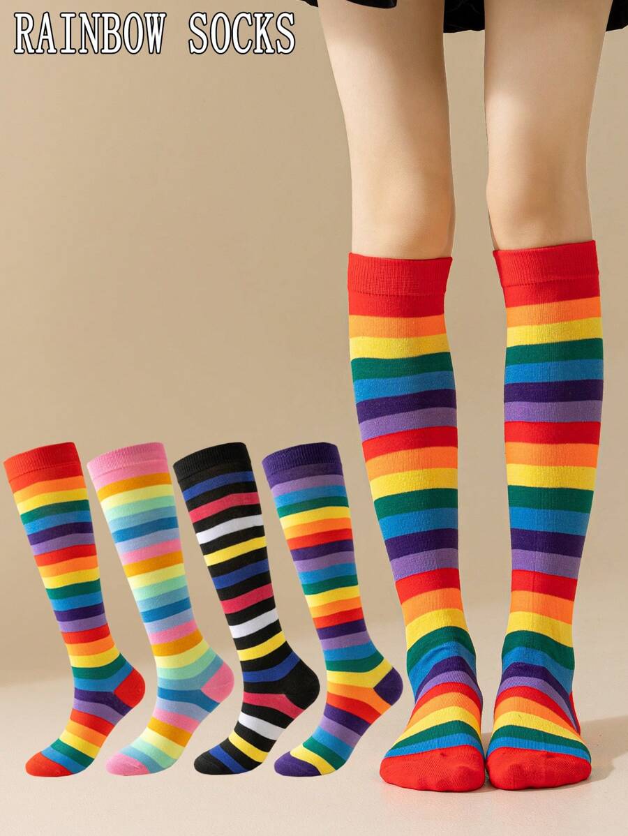 1/3 Pairs Rainbow Socks For Women, Korean Style JK Dance Cosplay Sweat-Absorbent Breathable Knee-High Socks, Y2k