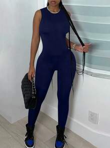 Mono de mujer EARO de nueva moda, casual, con empalme, sin mangas, de cintura alta, elástico, ajuste ceñido, pantalones deportivos de talle alto, bien ajustado - Azul Marino - Ver 3