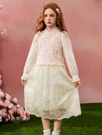 ASK JUNIOR 2pcs Tween Girls Elegant Embroidered Top And Skirt Set