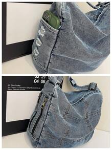 2025 春夏复古时尚休闲洗水牛仔斜挎包，带缝线的百搭单肩包，缝线帆布包，学院风，大容量，可折叠街头风单肩包 - 藍色 - 查看 7