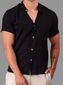 Men's Short Sleeve Viscose Dress Shirt Padre Collar - Negro - Ver 3