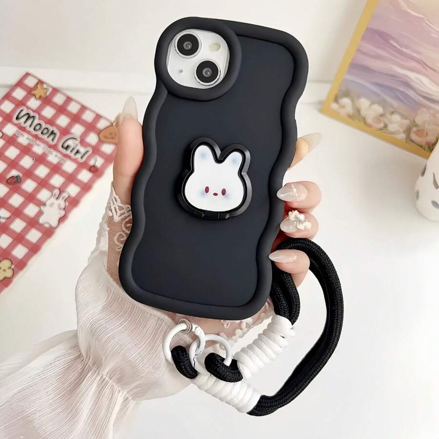 1pc Candy Wave Cat Pattern Finger Ring Grip Stand Holder Card Slot Strap Phone Case Compatible With Iphone 16Pro Max/ Compatible With Galaxy S24 Ultra, Compatible With Infinix Smart 8/Compatible With Infinix Hot 40i/Compatible With Tecno Spark 20/Compatible With Tecno Spark 20C/Compatible With Tecno Spark Go 2024,International Version, Not The Domestic Version - Black - View 1