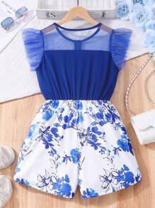 Tween Girls' Casual Cute Elegant Ruffled Mesh Patchwork Floral Print Romper, Spring & Summer - Blue - View 2