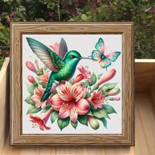 Kit de pintura de diamantes 5D - Diseño de flores, mariposas y picaflor, diamantes redondos completos, kit de bordado de acrílico, adecuado para decoración del hogar, set de arte de diamantes sin marco