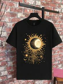 Manfinity Homme Camiseta de manga corta casual para hombres con estampado de luna y estrellas