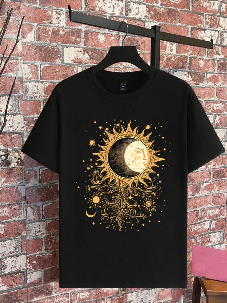 Manfinity Homme Camiseta de manga corta casual para hombres con estampado de luna y estrellas