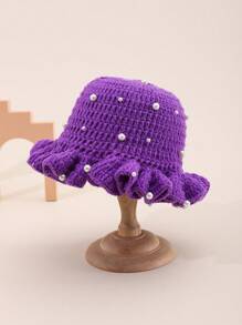 1pc Women's Cute & Casual Y2K Style Fashion Handmade Crochet Solid Color Pleated Rim With Lots Of Pearl Decor 3D Textured Bucket Hat, Recommended For Outings, Travel, Daily Wear - Pearl - View 9