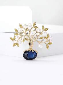 Fashionable Rhinestone Faux Pearl Fortune Tree Brooch For Women Plant Brooch Dress Suit Pin Accessories Party Banquet Gift