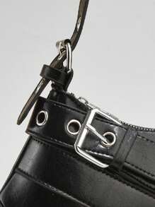 女士全装备拉链腋下钱包，合成皮革腋下女包，黑色皮带装饰时尚单肩腋下摩托车包 - 黑色 - 查看 9