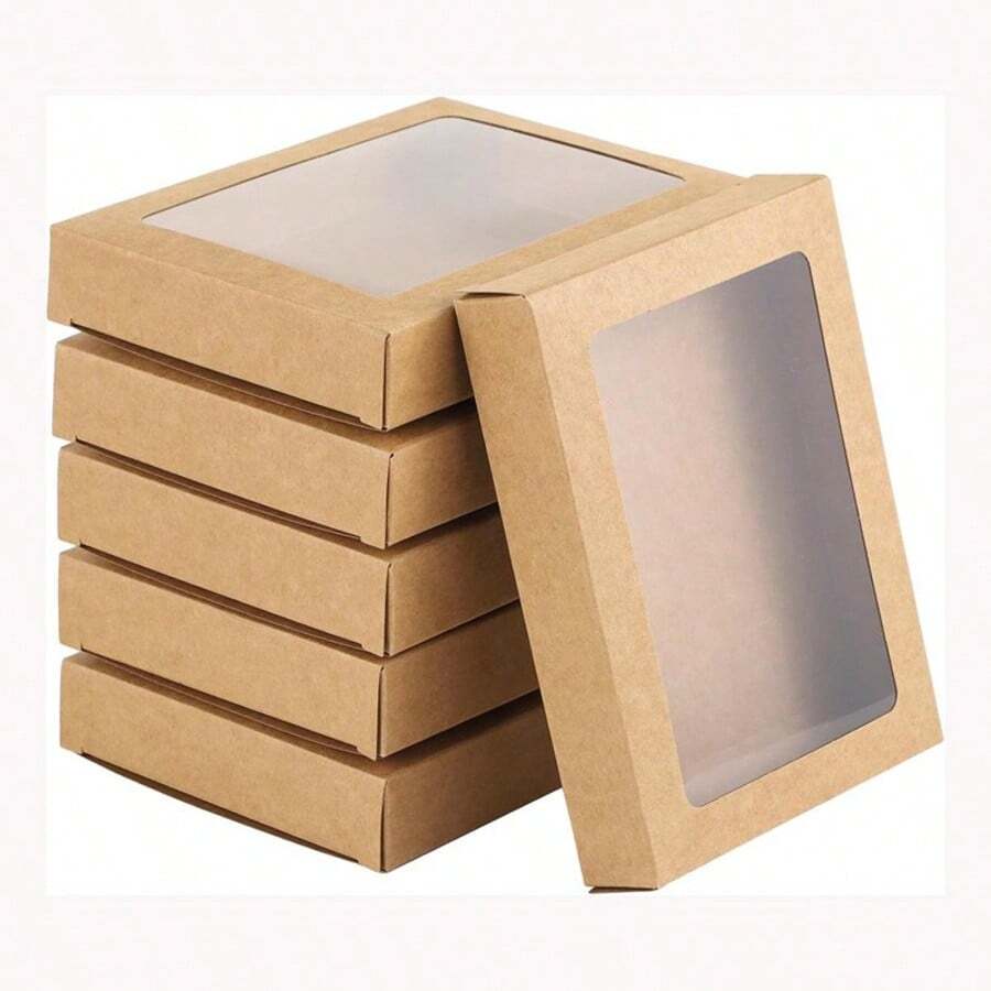 10pcs Kraft Paper Postcards Frame Packaging Boxes, Holiday Greeting Cards Storage Box, Cookie & Candy Folding Display Boxes With Window - Brown - View 1