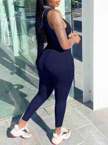 Mono de mujer EARO de nueva moda, casual, con empalme, sin mangas, de cintura alta, elástico, ajuste ceñido, pantalones deportivos de talle alto, bien ajustado - Azul Marino - Ver 2