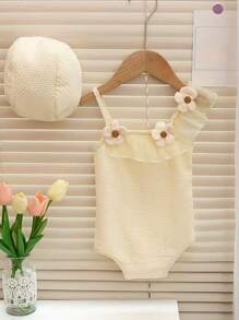 女宝宝 3D 花朵荷叶边甜美优雅可爱公主泳衣 - 米色 - 查看 1
