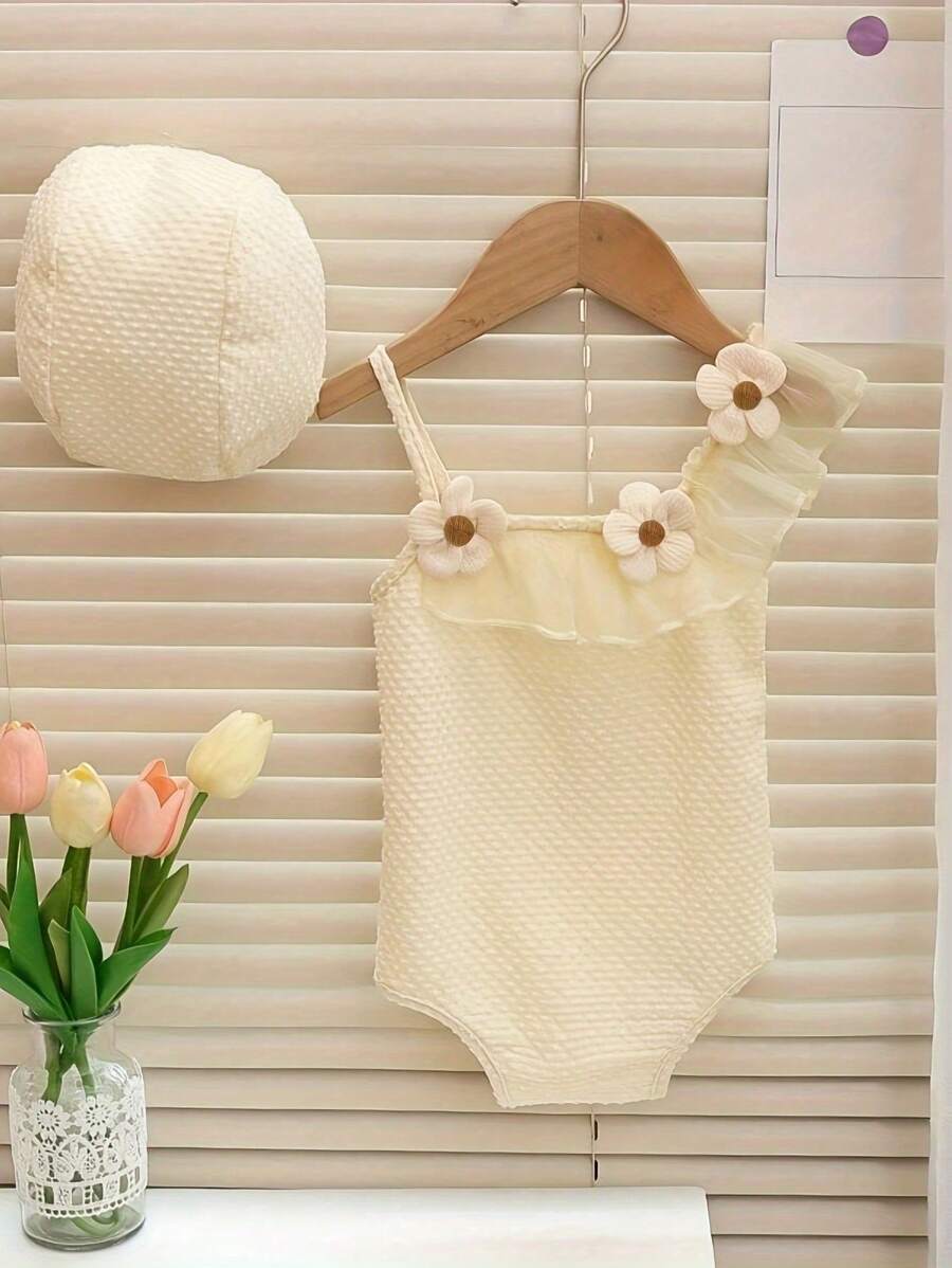 女宝宝 3D 花朵荷叶边甜美优雅可爱公主泳衣 - 米色 - 查看 1