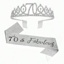 2 件套女士生日绶带和头饰，包括生日皇冠 13 岁 16 岁 18 岁 21 岁 30 岁 40 岁 50 岁 60 岁 70 岁 80 岁绶带丝带精美蜡烛和蛋糕装饰，生日女士礼物，生日快乐派对礼品，银色 - 銀色 - 查看 16