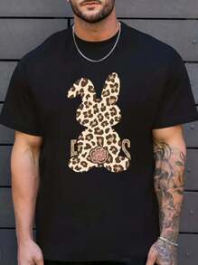 Camiseta divertida de 190g con estampado de conejo, conejito y leopardo para Pascua - Negro - Ver 1