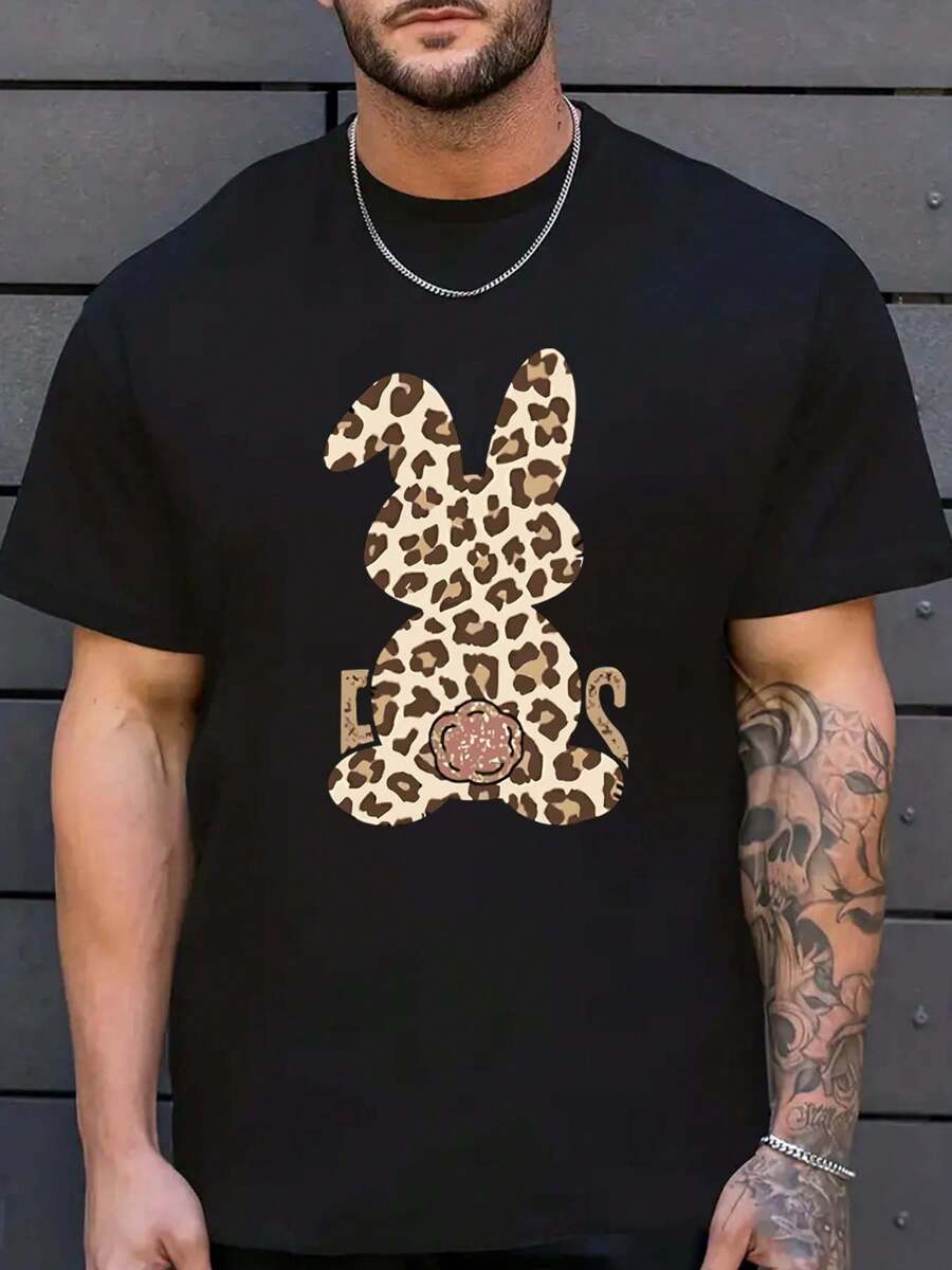 Camiseta divertida de 190g con estampado de conejo, conejito y leopardo para Pascua - Negro - Ver 1