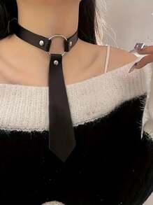 1PC Black Pu Leather Collar Imitation Tie Design Elegant Fashion Accessories Festival Clothing Matching Accessories