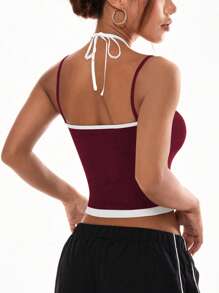 女士蝴蝶结刺绣拼色修身日常健身运动吊带背心上衣 - 酒紅色 - 查看 4