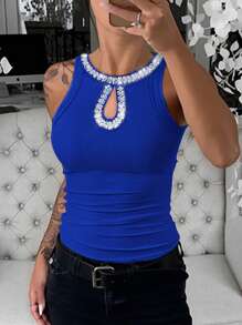 ChicMe Rhinestone Contrast Color Sequin Hollow Out Sleeveless Fitted Ribbed Knit Tank Top, Elegant Women - Blue - View 3