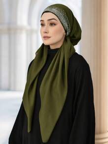 1 pieza/2 piezas Pañuelo musulmán de color liso con rhinestones para mujer, turbante de moda versátil adecuado para uso diario con vestido