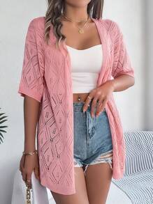 Lightweight Open Front Crochet Knit Cardigan, Casual Summer Sun Protection - Pink - View 2