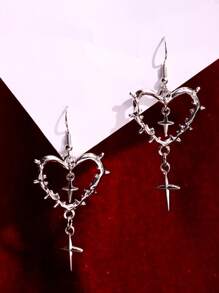 1Pc Gothic Punk Heart Cross Star Shaped Earrings For Women Fashion Korean Punk Star Thorn Pendant Ear Hooks Jewelry Accessories Valentines,Mom,Mother,Mother's Day,Gift